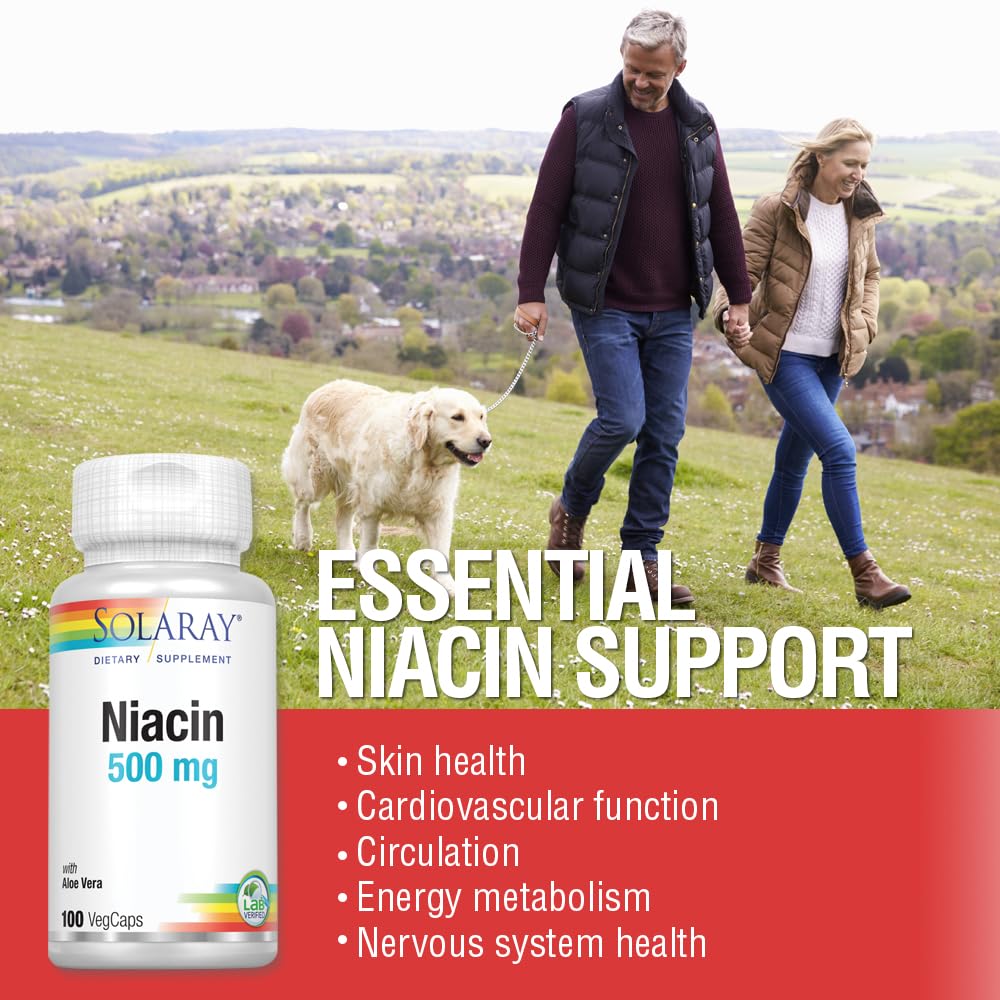SOLARAY Niacina 500 mg, frasco mostrado, soporte a la circulación.