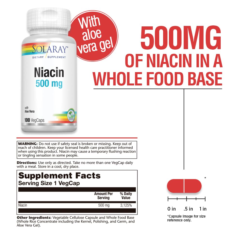 SOLARAY Niacina 500 mg, etiqueta de la caja, pureza verificada.