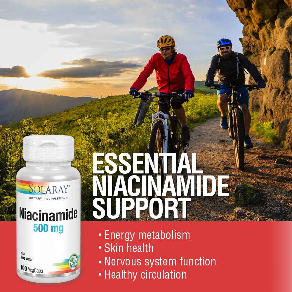 SOLARAY Niacinamida 500 mg, cápsulas en mano, uso cómodo diario