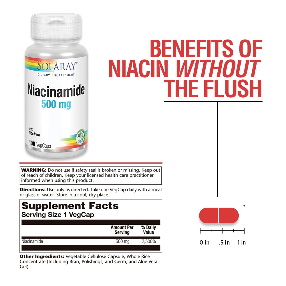 SOLARAY Niacinamida 500 mg, etiqueta visible, información clara de ingredientes