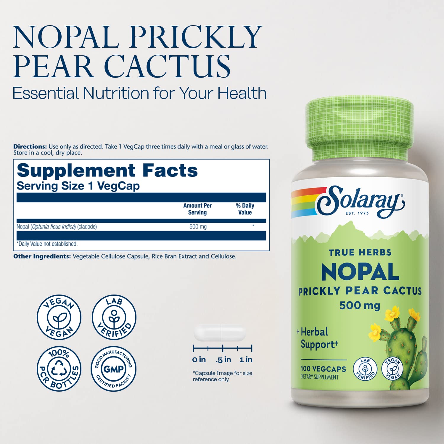 SOLARAY Nopal cápsulas en mano ideal para bienestar diario.