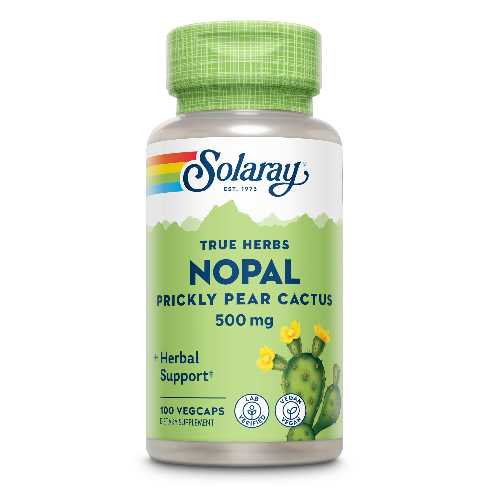 SOLARAY Nopal frasco señalando ingredientes naturales y fibra.