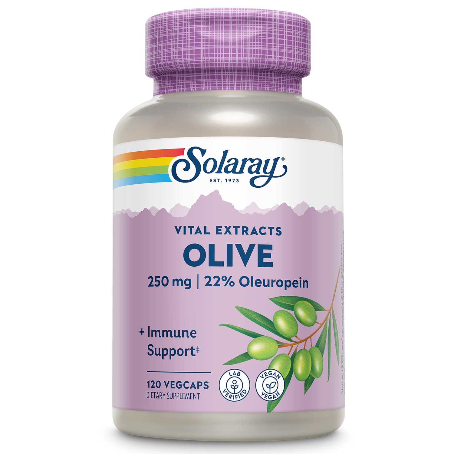 SOLARAY Olivo 250 mg, bote de cápsulas para el bienestar diario con extracto de hoja de olivo.