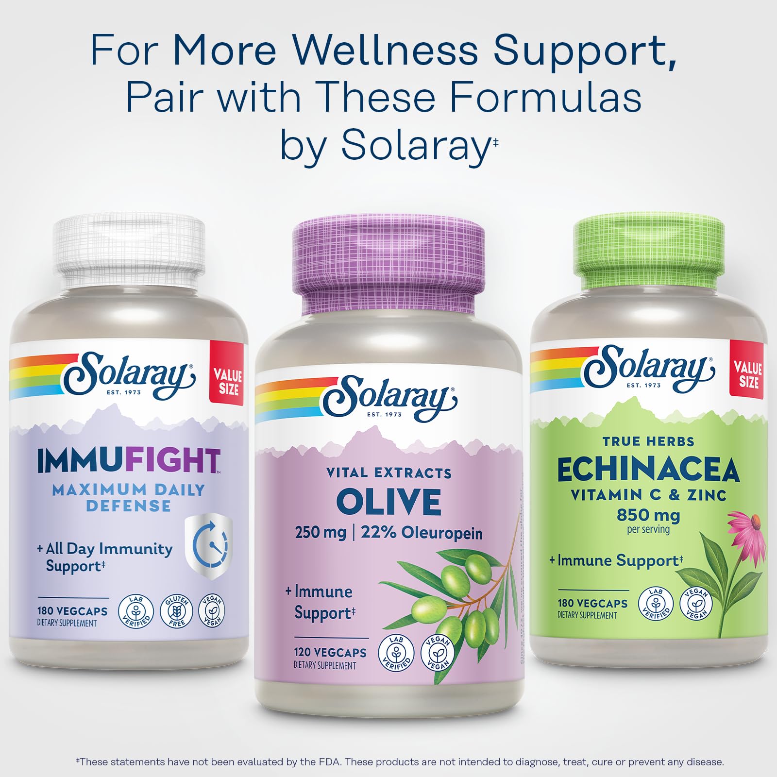 SOLARAY Olivo 250 mg, ingredientes clave como oleuropeína y melisa para un estilo de vida.