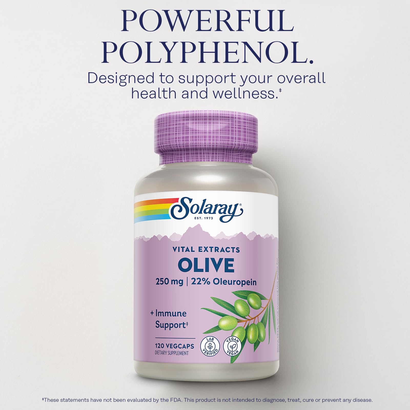 SOLARAY Olivo 250 mg, valor nutricional destacado con polifenoles y oleuropeína.