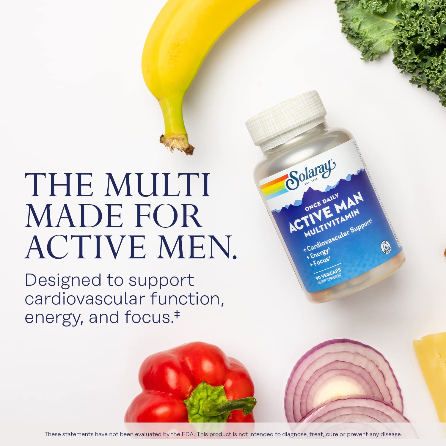 SOLARAY Once Daily Active Man, etiqueta: transparencia de ingredientes y verificación de calidad.