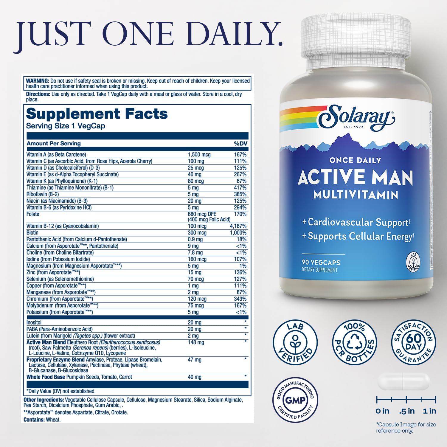 SOLARAY Once Daily Active Man, tomando la cápsula: apoyo nutricional práctico para el día.