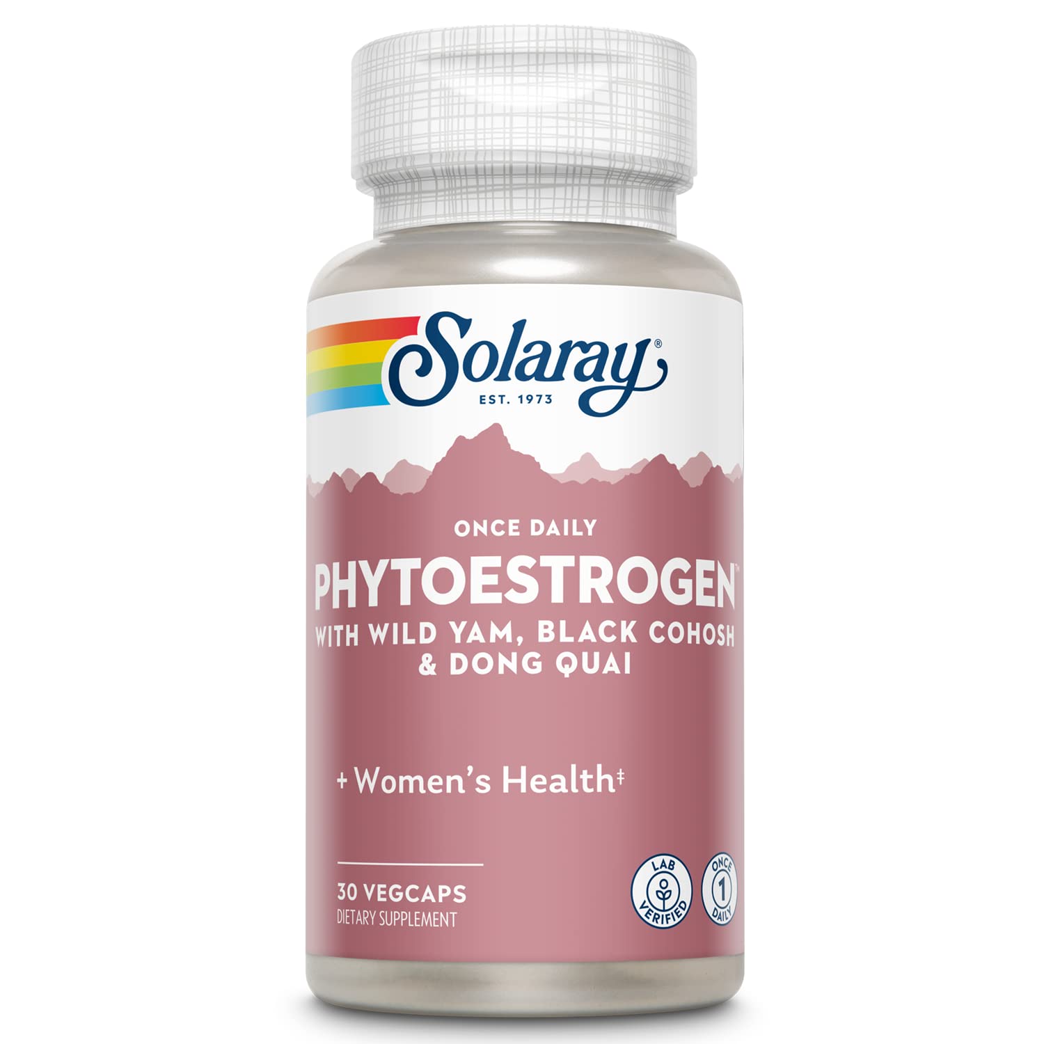 SOLARAY fitoestrógeno de uso diario, botella visible, apoyo al equilibrio hormonal.