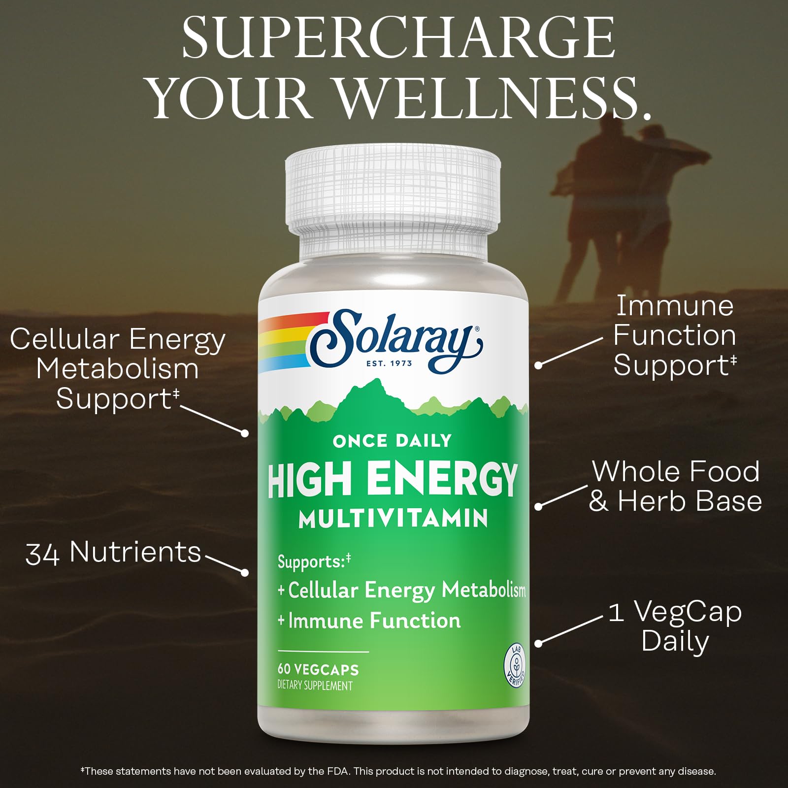 SOLARAY etiqueta del multivitamínico, resumen claro de beneficios para la salud.