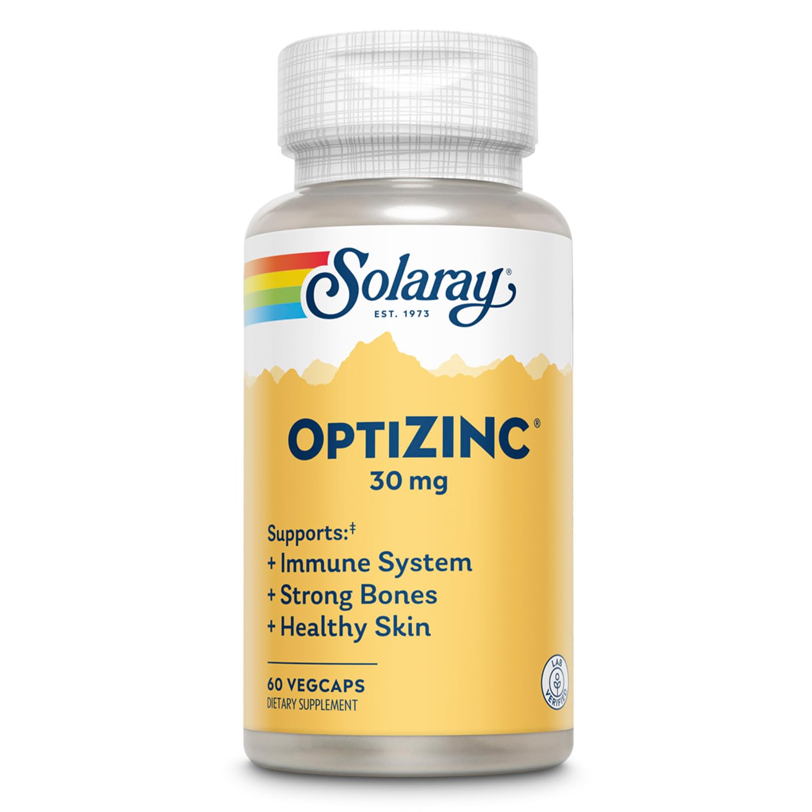 SOLARAY OptiZinc, botella frontal, soporte inmunológico con absorción avanzada.