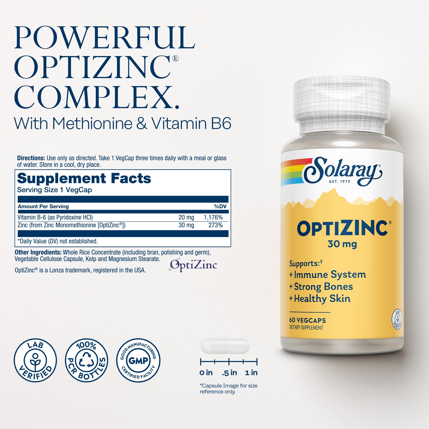 SOLARAY OptiZinc cápsulas vegetales para ingesta diaria fácil.