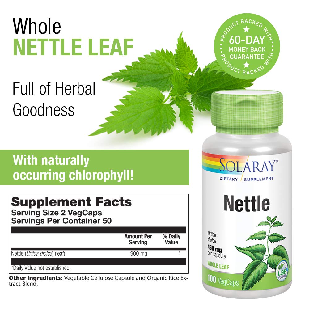 SOLARAY Ortiga Hoja 900 mg, etiqueta frontal que destaca calidad vegana