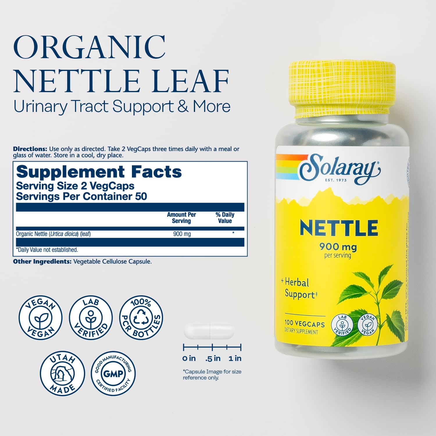SOLARAY Ortiga 900 mg, cápsulas veganas para uso diario.