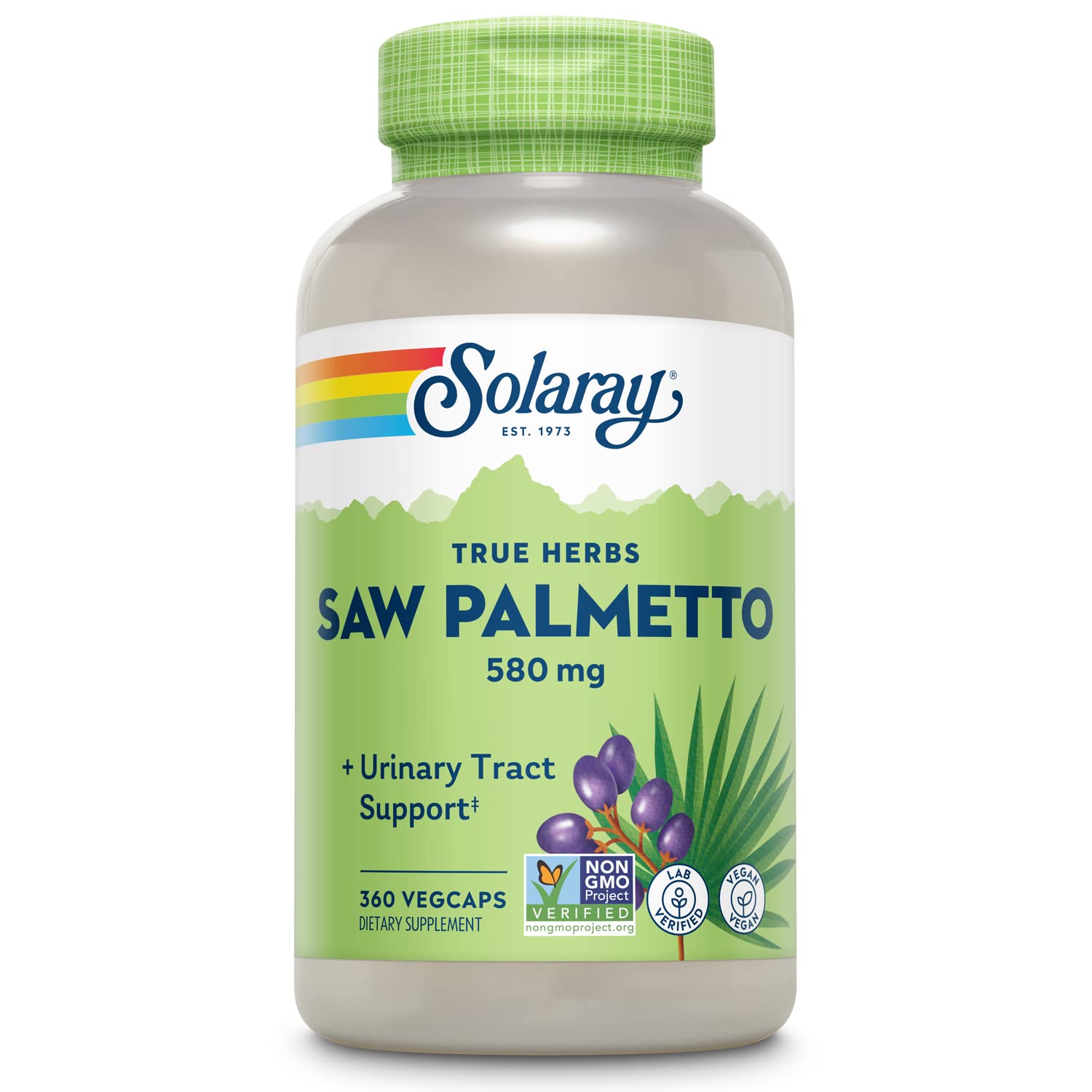 SOLARAY Bayas de Palmetto cápsulas 580 mg para soporte prostático y urinario.