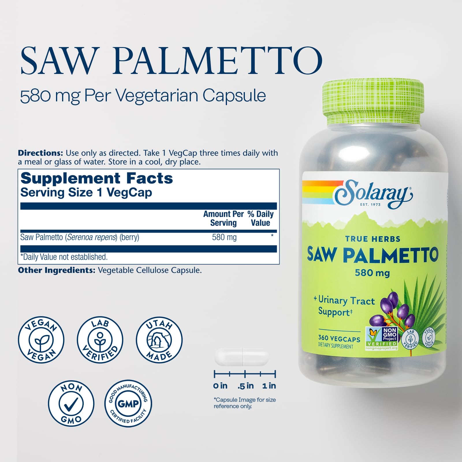 SOLARAY Bayas de Palmetto cápsulas en envase práctico para uso diario.