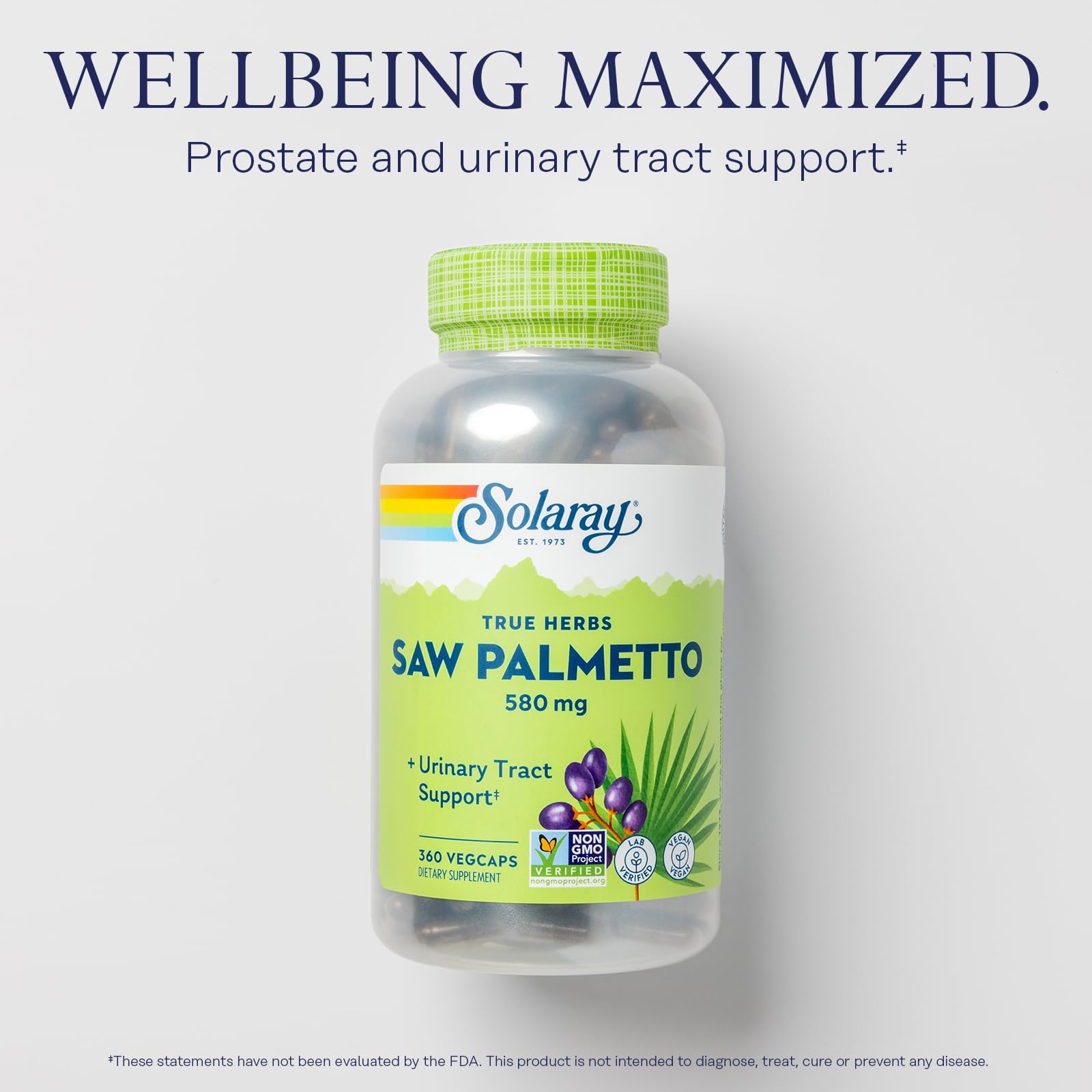 SOLARAY Bayas de Palmetto con ácidos grasos y esteroles vegetales para uso diario.