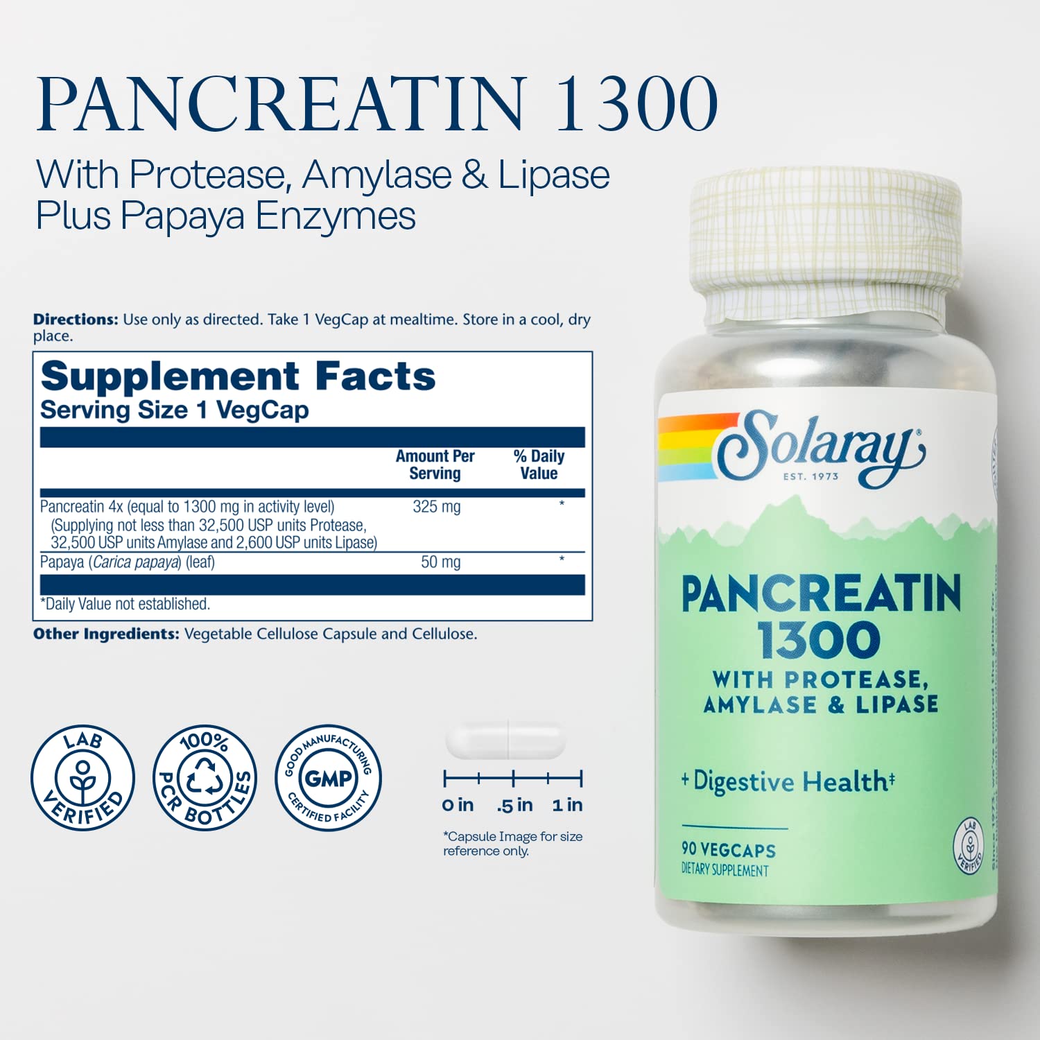 SOLARAY Pancreatin 1300: etiqueta detallada para ver composición y uso recomendado