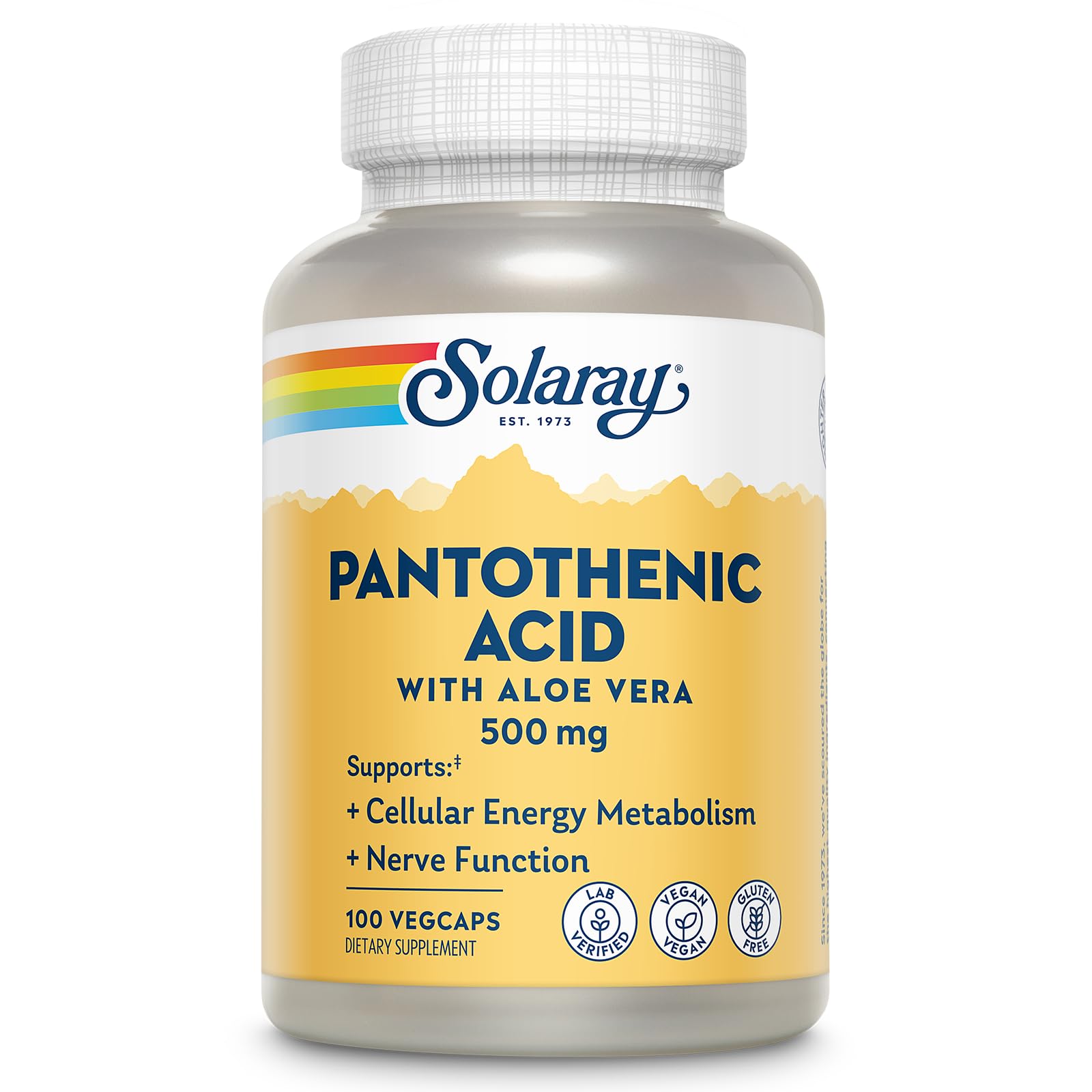 SOLARAY ácido pantoténico 500 mg, botella, enfoque en etiqueta, posible apoyo a energía celular