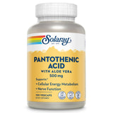 SOLARAY ácido pantoténico 500 mg, botella, enfoque en etiqueta, posible apoyo a energía celular