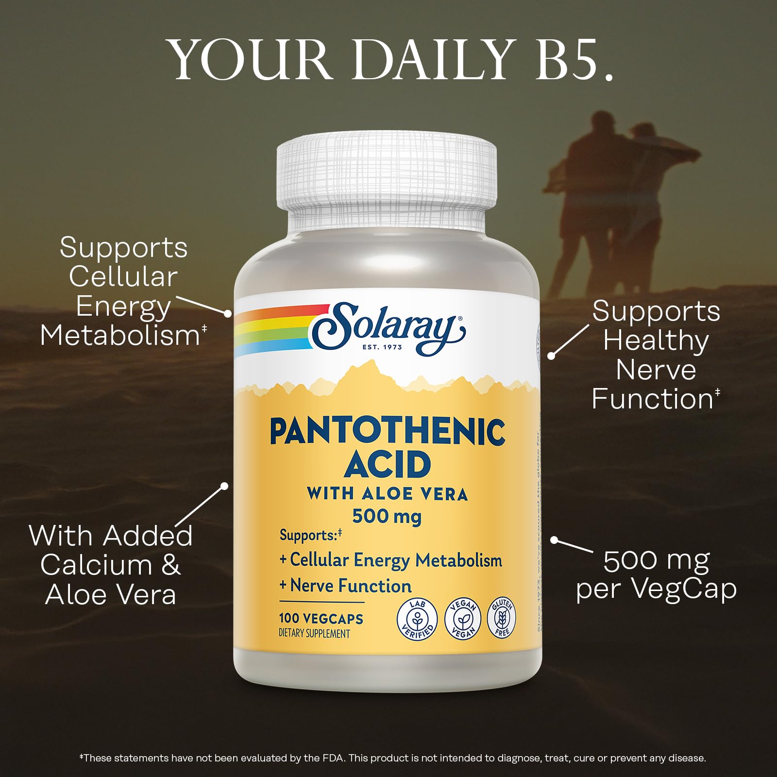 SOLARAY ácido pantoténico 500 mg, cápsula vegana, apoyo al metabolismo
