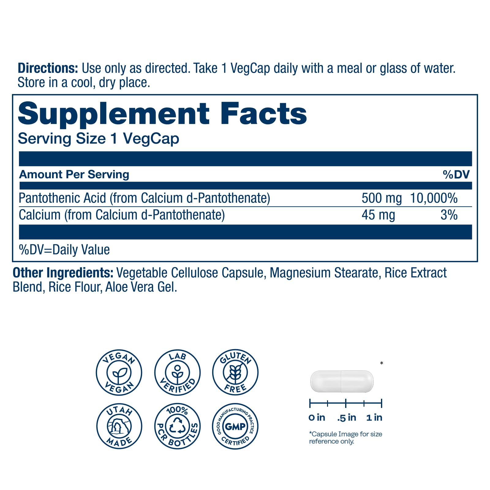 SOLARAY ácido pantoténico 500 mg, etiqueta frontal, nutre energía diaria