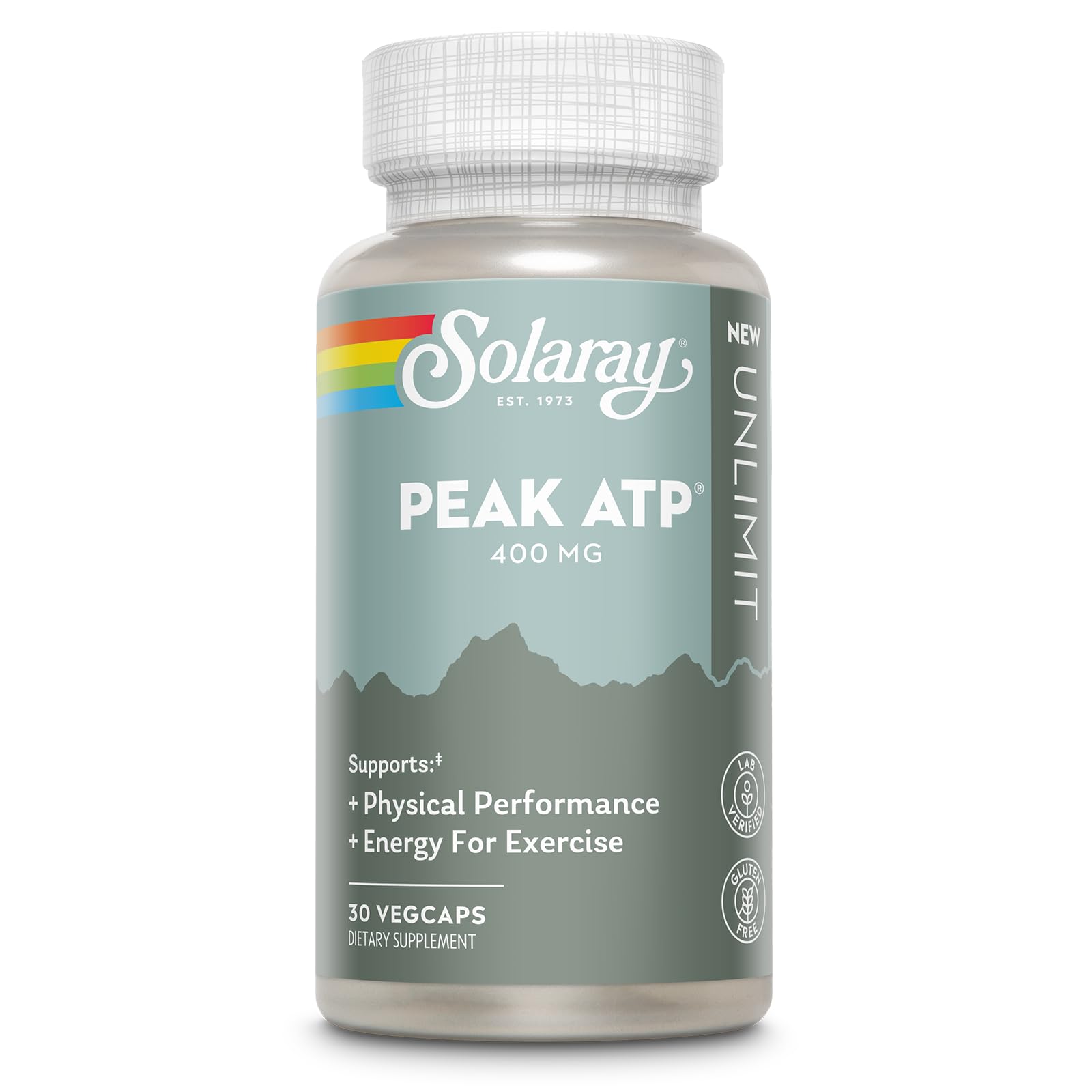 SOLARAY Peak ATP® 400 mg cápsulas en botella frontal, apoyo diario para un estilo de vida activo.