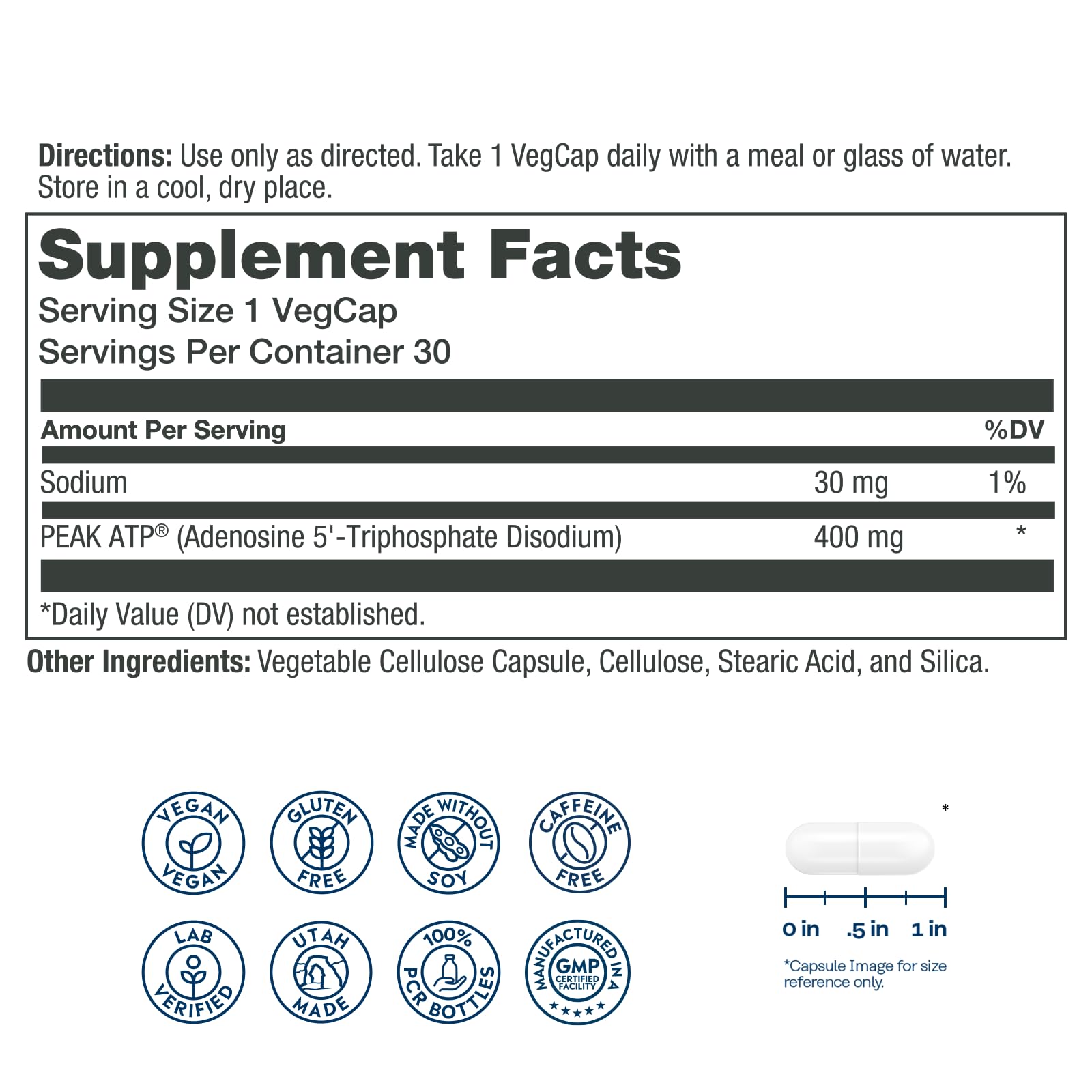SOLARAY Peak ATP® 400 mg, etiqueta trasera, información clara para decisiones informadas.