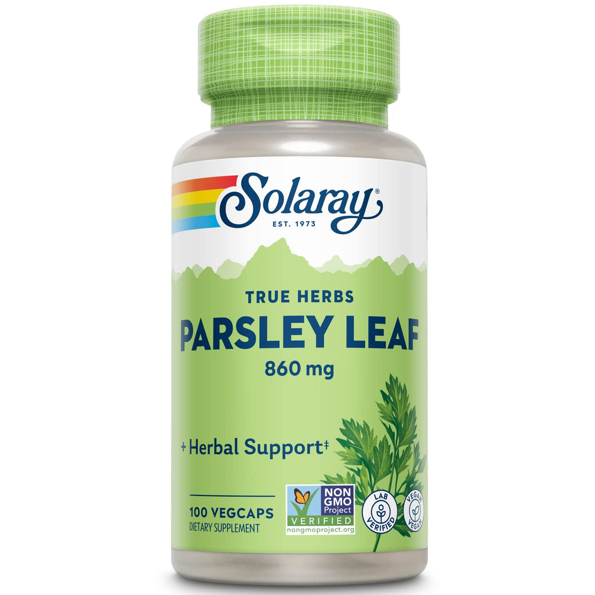 SOLARAY Perejil cápsulas 860 mg en frasco, práctico para uso diario y apoyo digestivo.