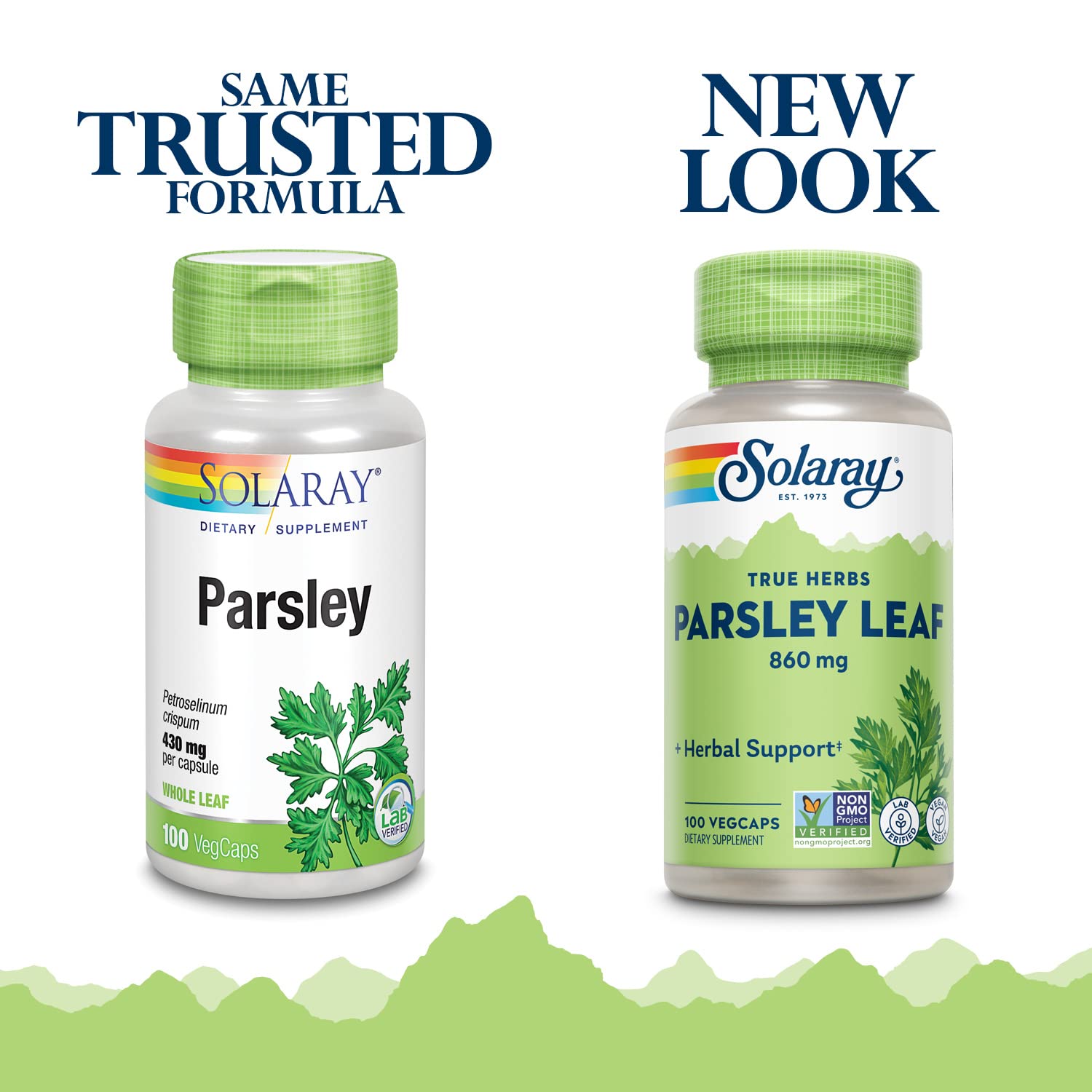 SOLARAY Perejil cápsulas, formato 860 mg, frasco práctico para bienestar diario.