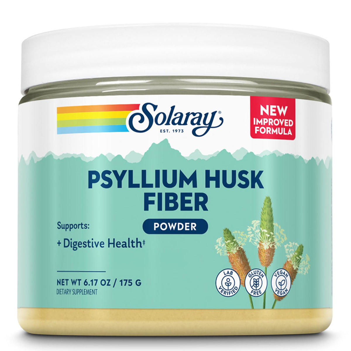 SOLARAY polvo cascarilla psyllium en envase con cuchara para uso diario
