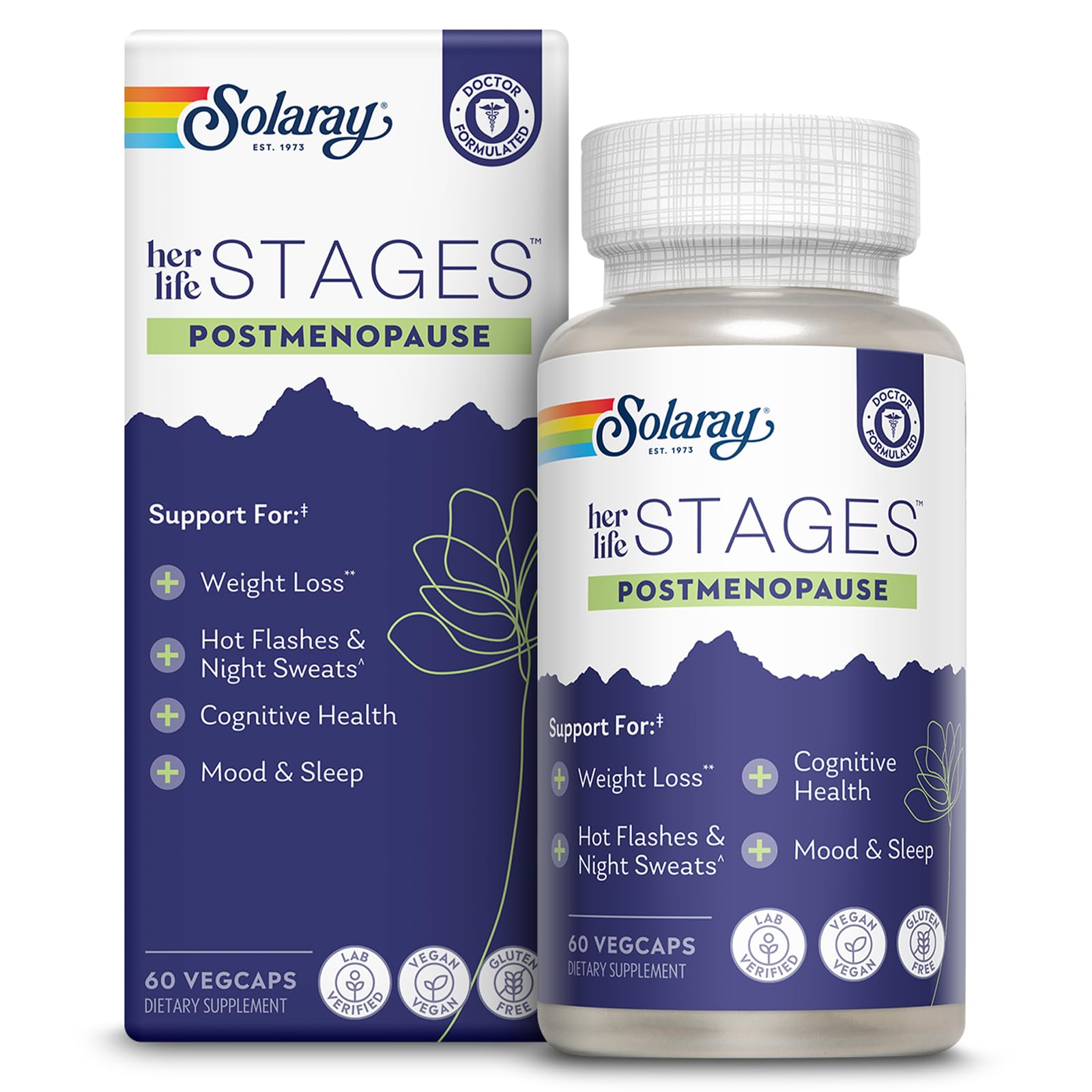 SOLARAY Postmenopausia botella: envase sostenible para tu rutina diaria.