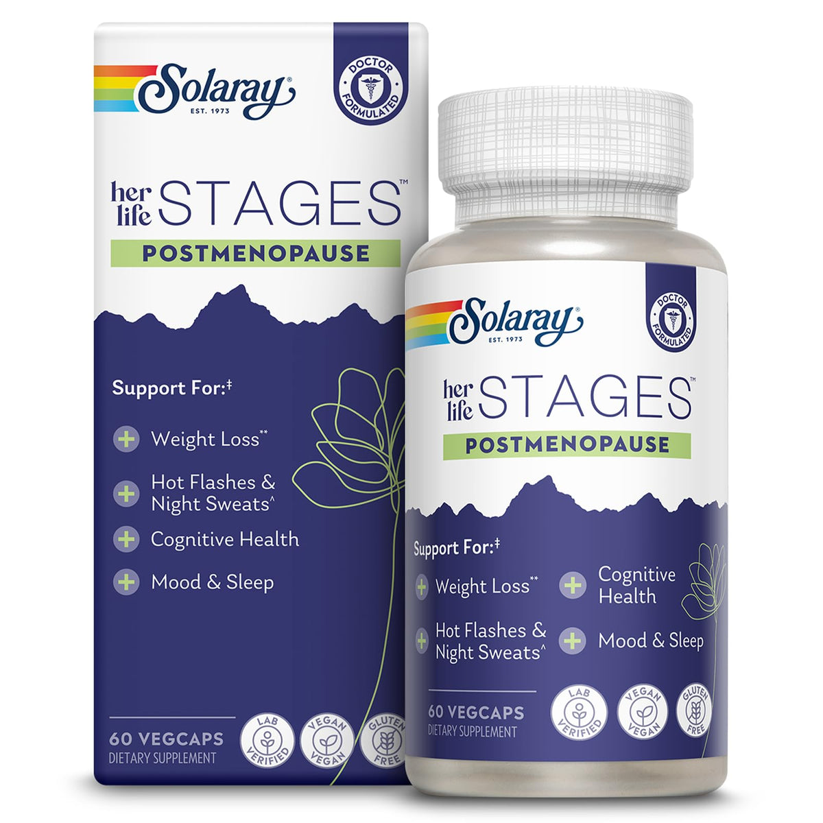 SOLARAY Postmenopausia botella: envase sostenible para tu rutina diaria.