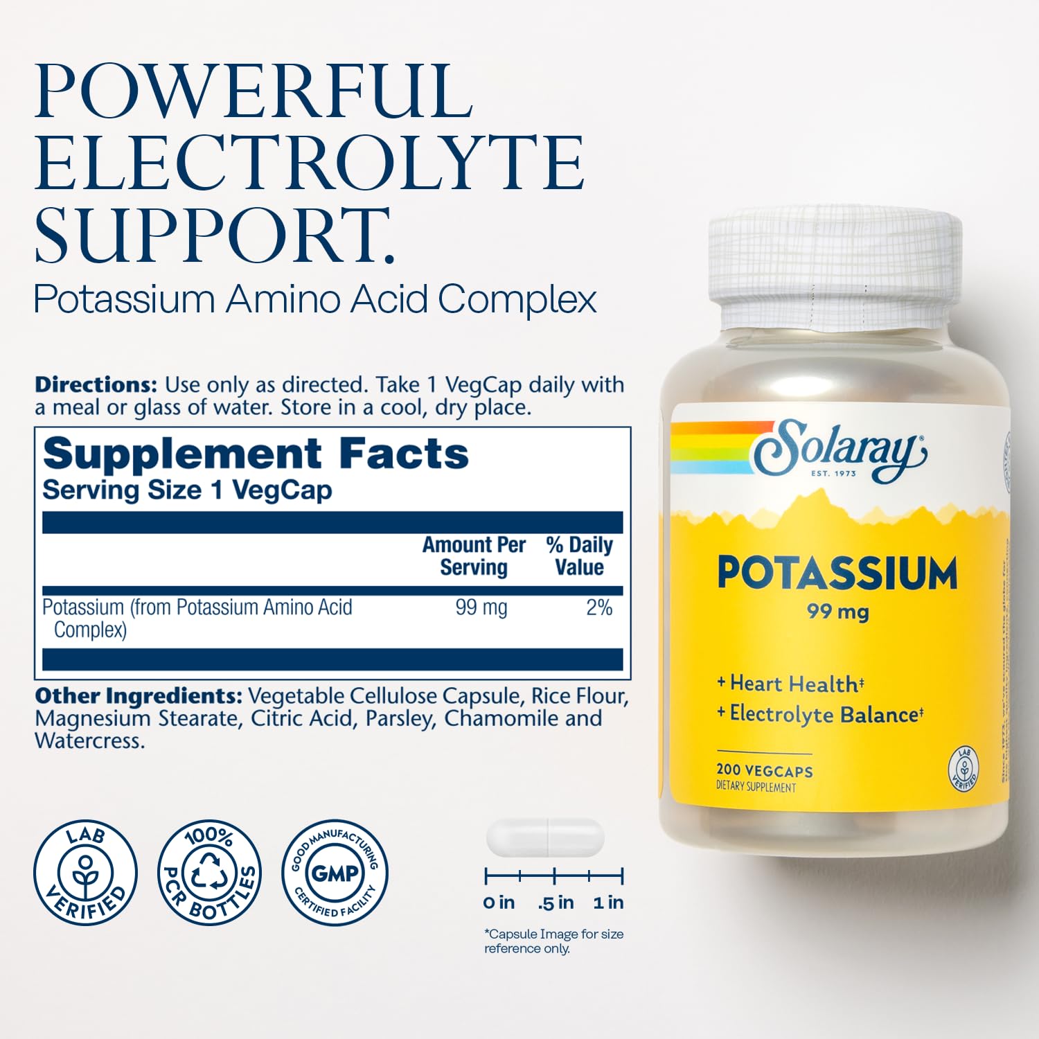 Solaray Potassium 99 mg – cápsulas compactas para uso diario y soporte cardíaco.