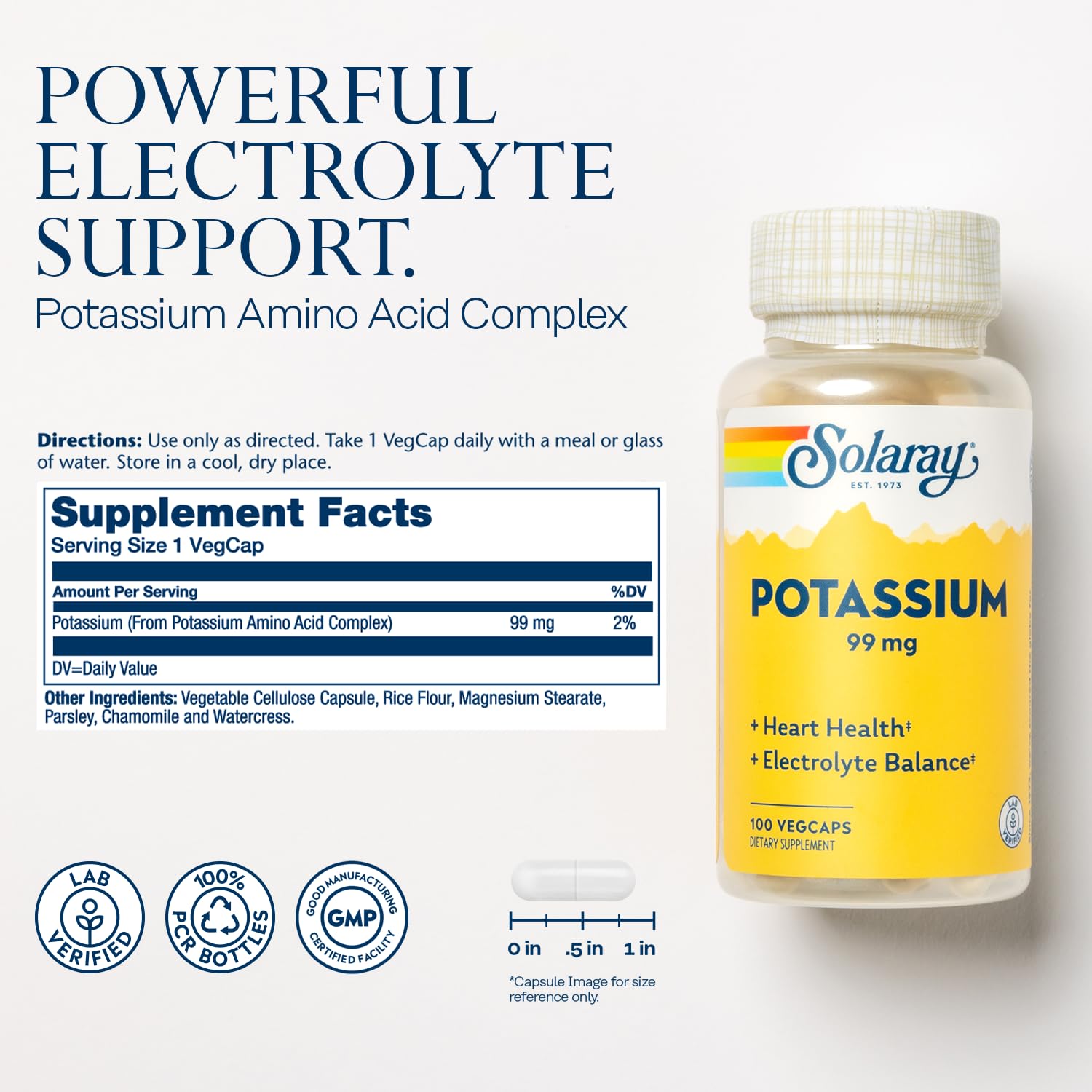 SOLARAY Potassium 99 mg - cápsulas vegetales para 100 porciones diarias
