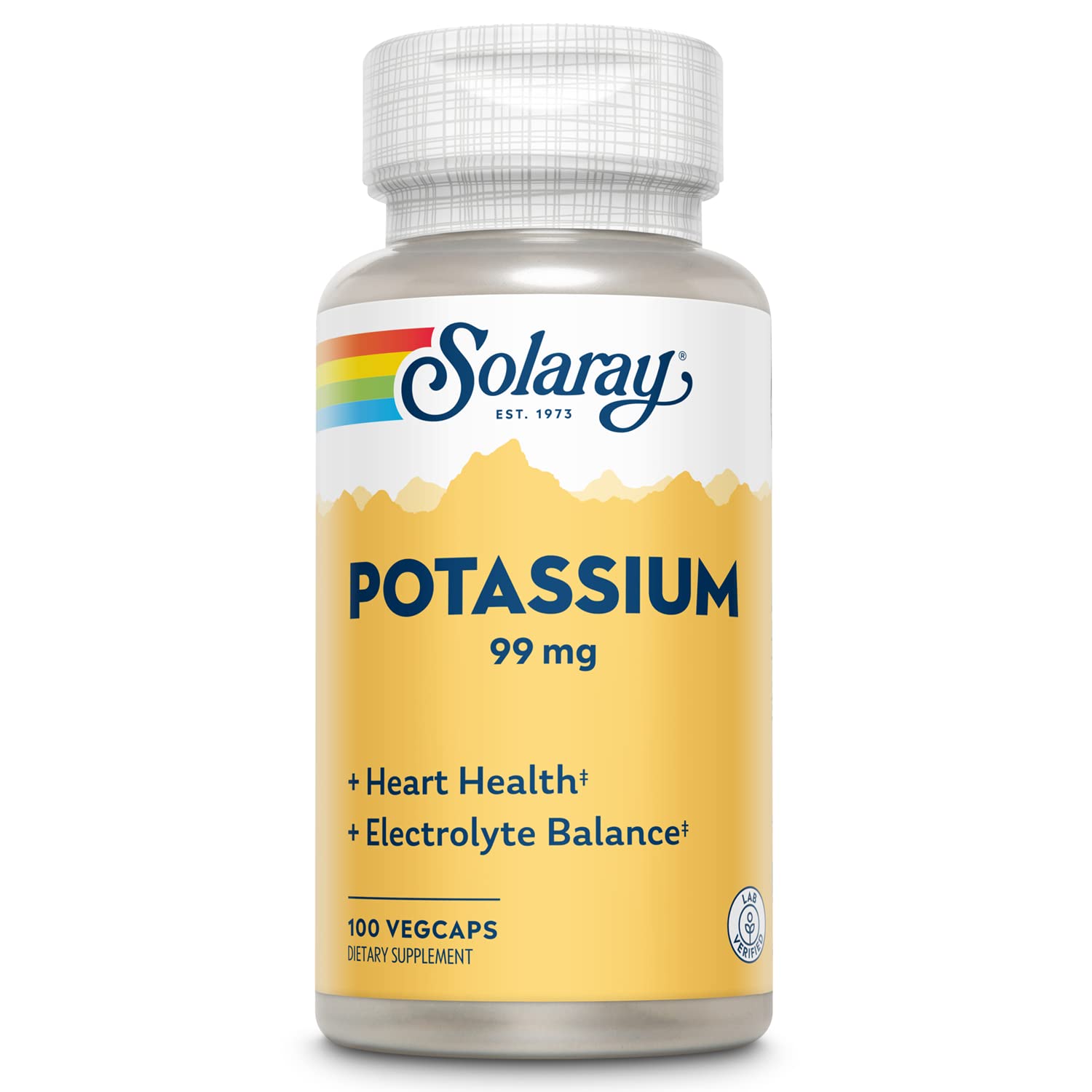 SOLARAY Potassium 99 mg - botella mostrando el equilibrio de electrolitos para uso diario