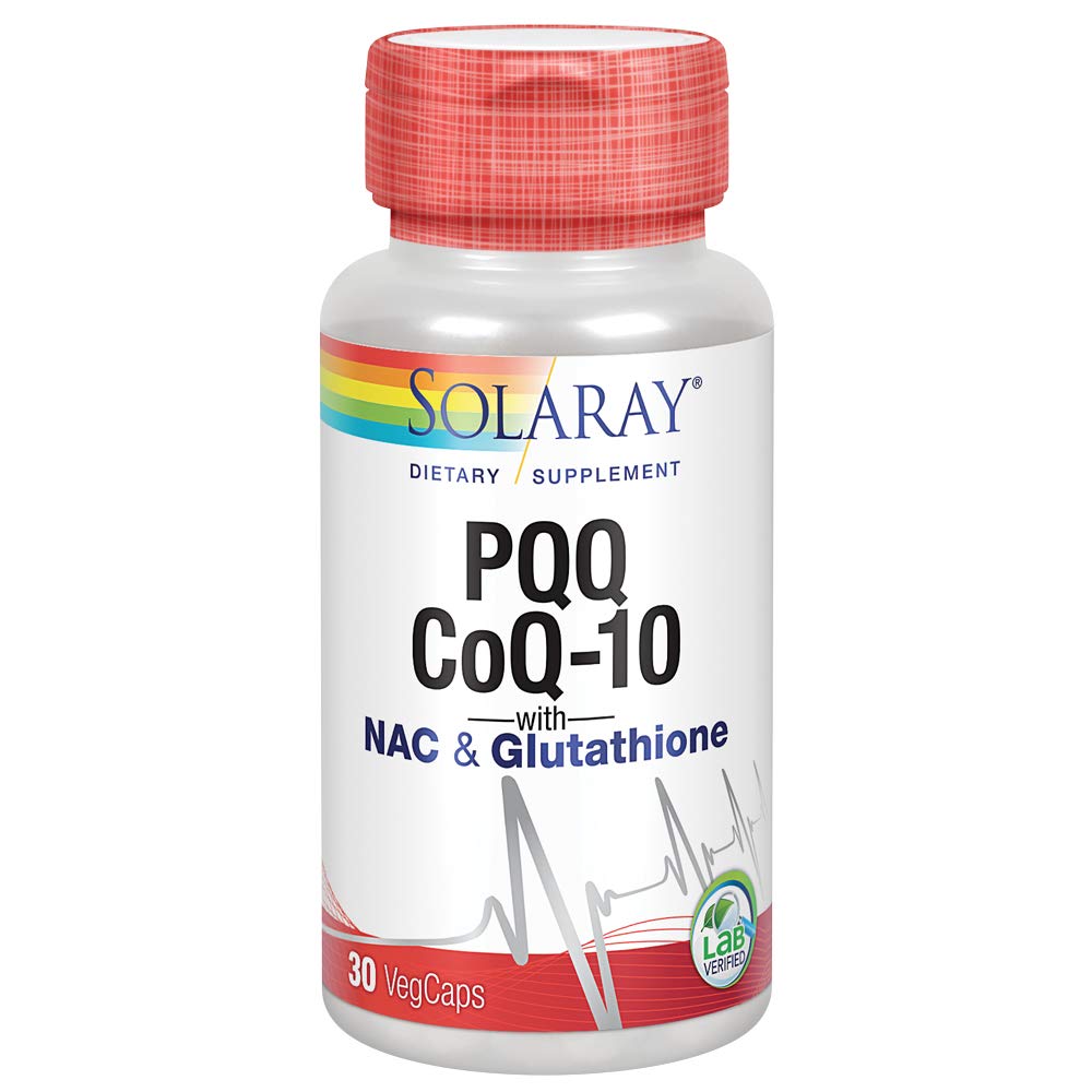 SOLARAY PQQ CoQ10 – botella frontal para compra rápida y reconocimiento.