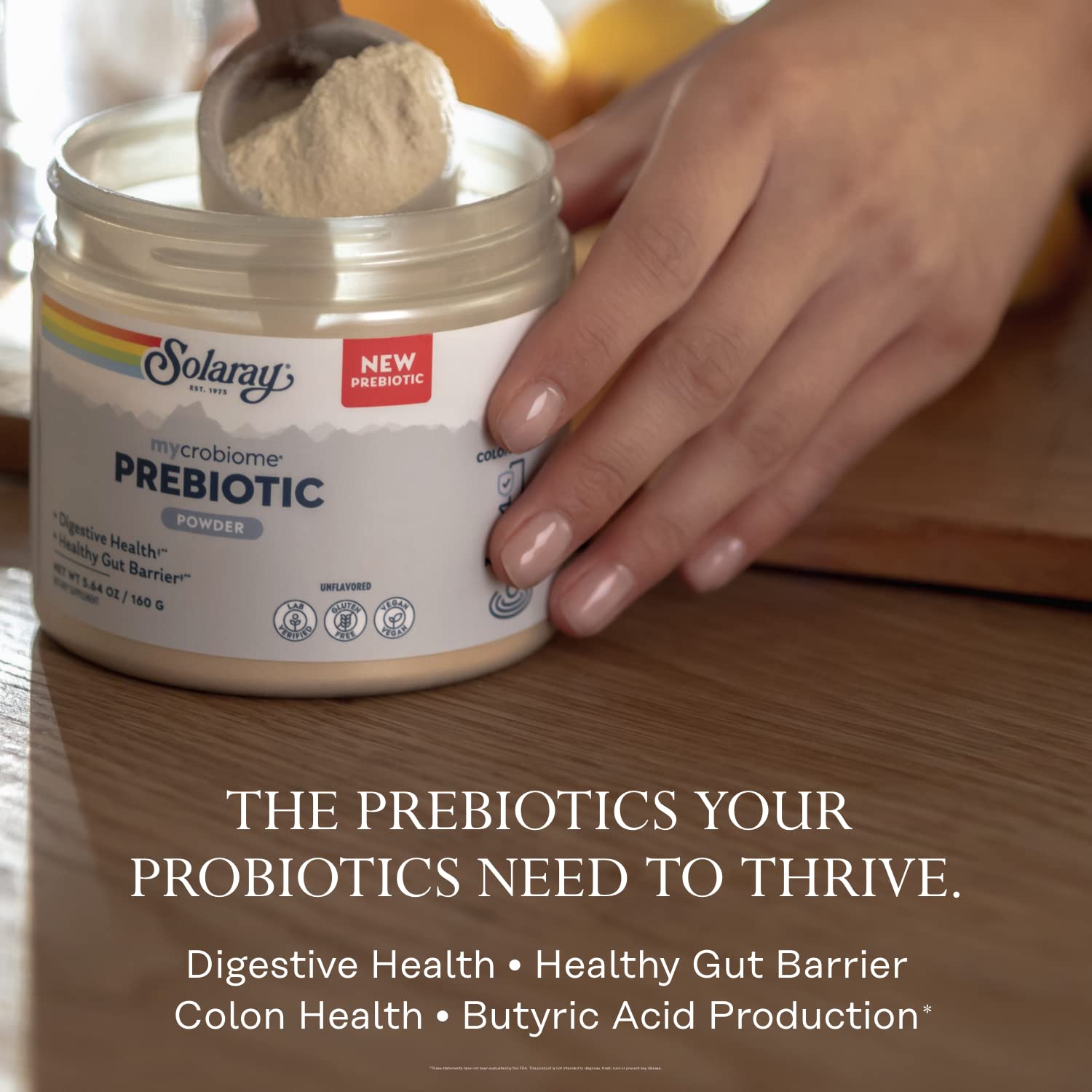 SOLARAY prebiótico vegano y libre de gluten, apto para diversas dietas.
