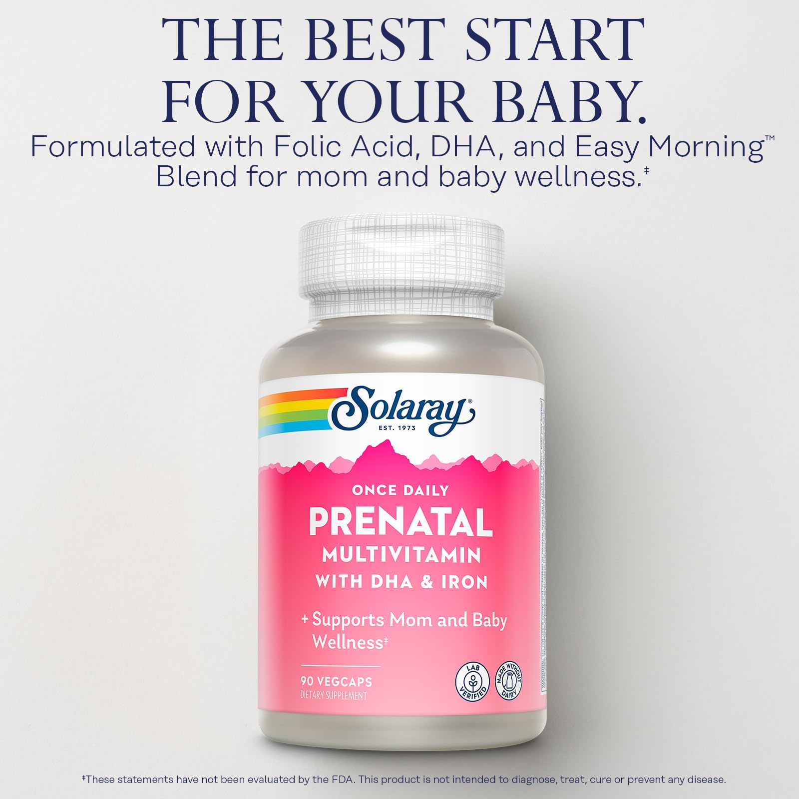 SOLARAY prenatal etiqueta clara que destaca ingredientes y frescura.