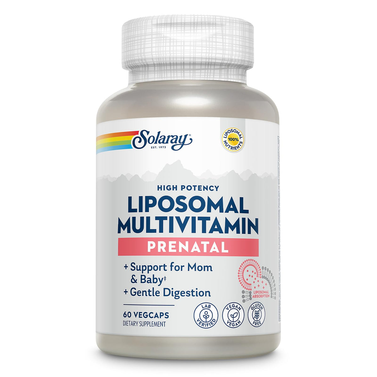 SOLARAY Liposomal Prenatal, botella destacada para soporte nutricional durante el embarazo