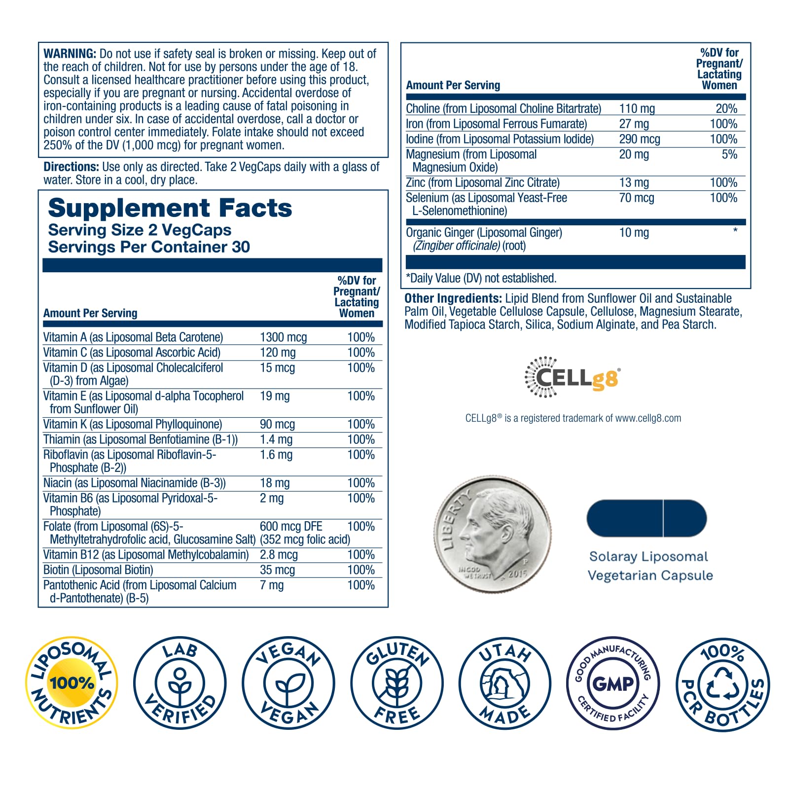 SOLARAY Liposomal Prenatal, etiqueta visible que resalta vitaminas esenciales para la gestación