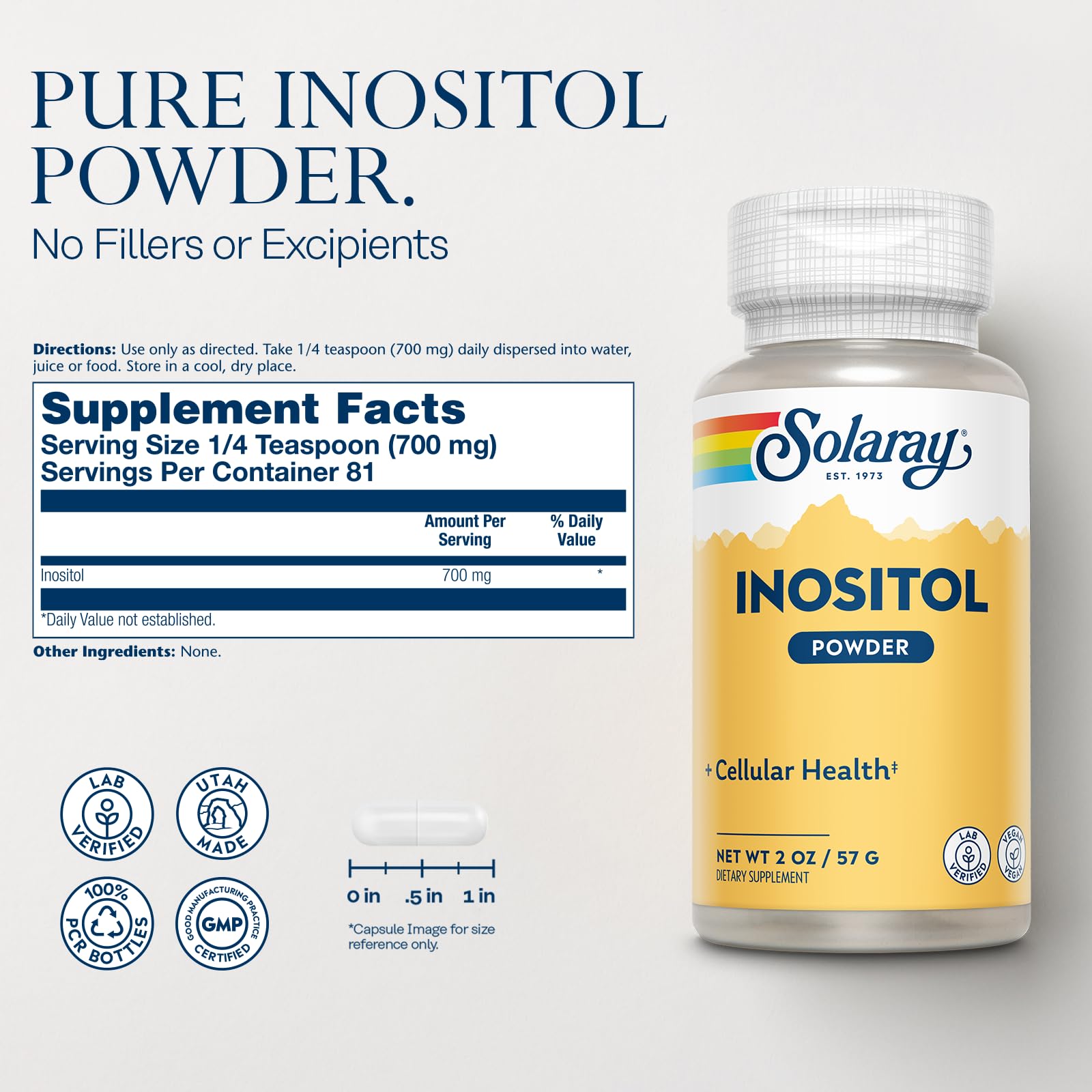 SOLARAY Inositol Puro polvo, medida 1/4 cucharadita para dosis precisas