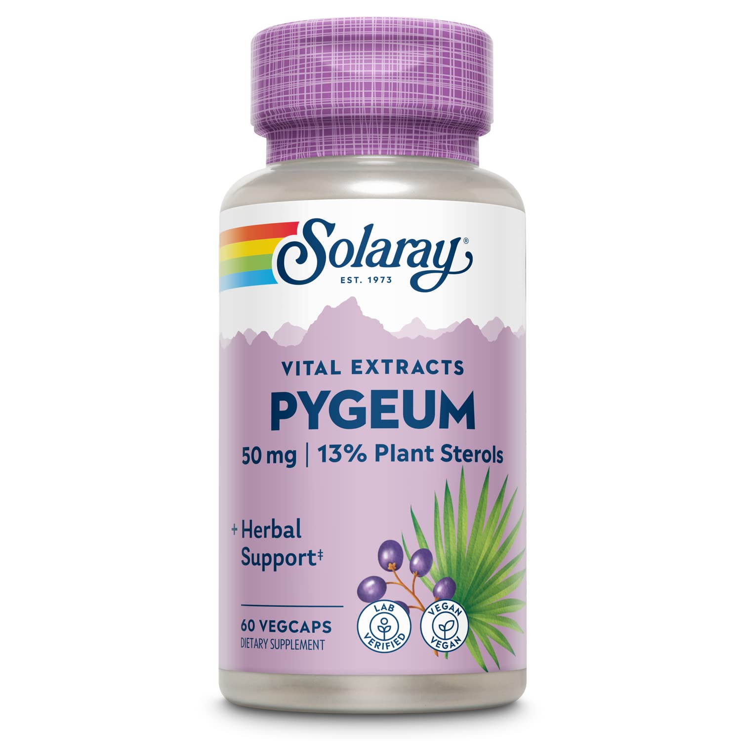 SOLARAY Pygeum Bark Extract 50mg, botella: posible apoyo diario para la salud prostática.