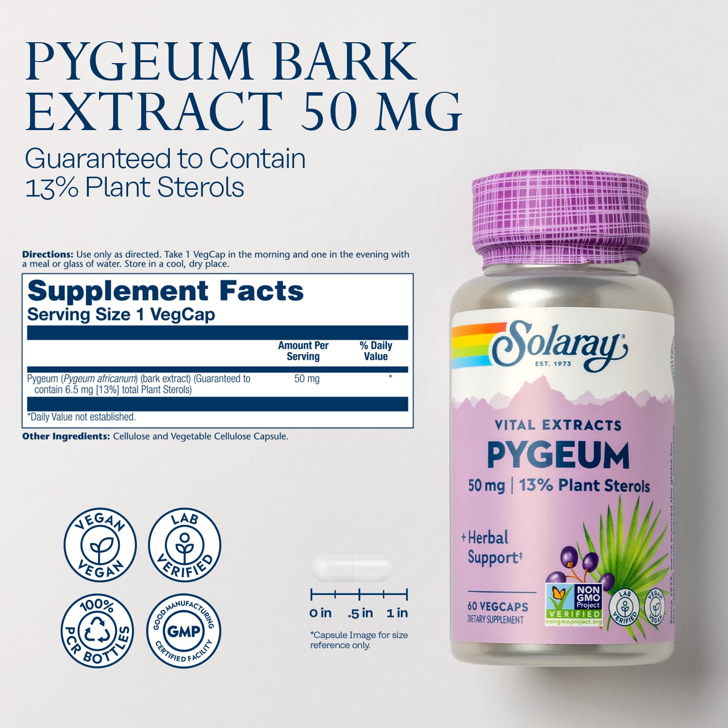 SOLARAY Pygeum Bark Extract 50mg, cápsulas veganas para una rutina diaria.
