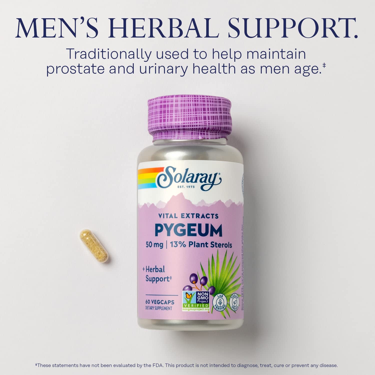 SOLARAY Pygeum Bark Extract 50mg, etiqueta clara con información de calidad.