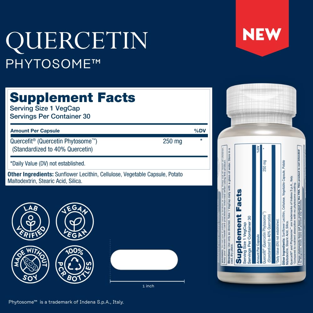 SOLARAY Quercetin Phytosome: etiqueta del producto destacando tecnología de absorción avanzada.