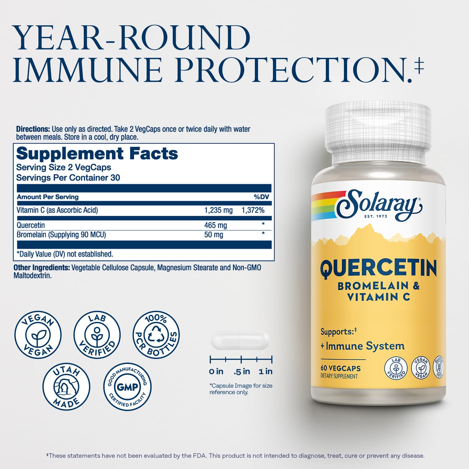 Etiqueta de SOLARAY Quercetina con Bromelina y Vitamina C mostrando ingredientes