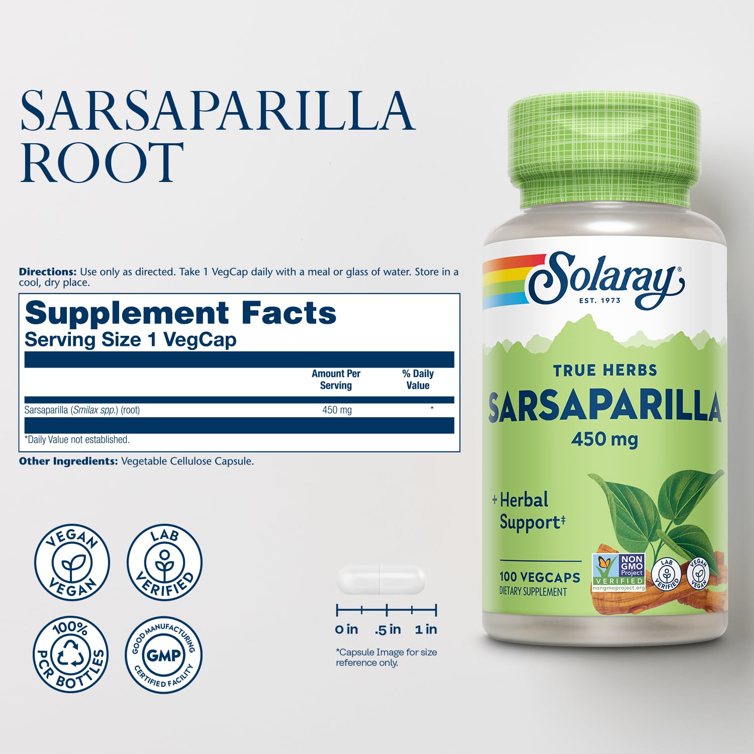 SOLARAY Cápsulas veganas de sarsaparilla para uso diario y equilibrio.