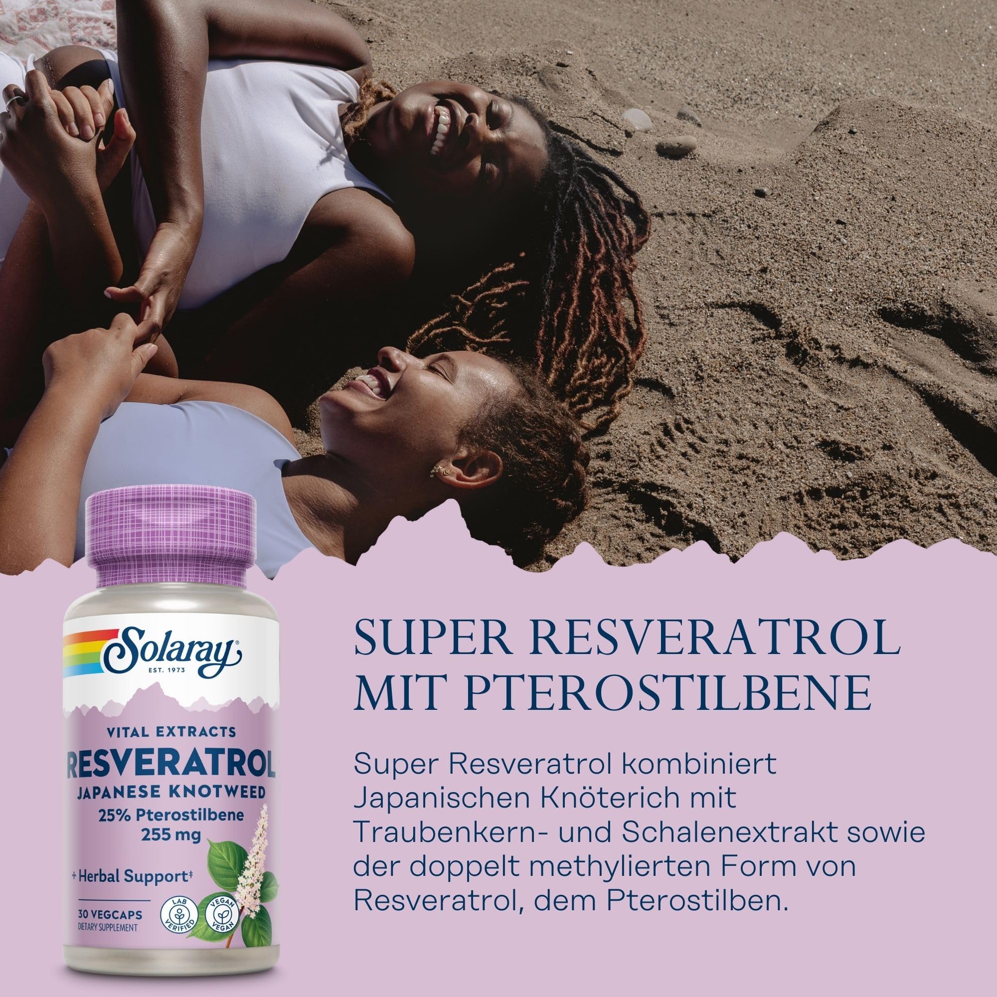 SOLARAY Resveratrol con Pterostilbeno, cápsulas vegetales listas para consumo diario.
