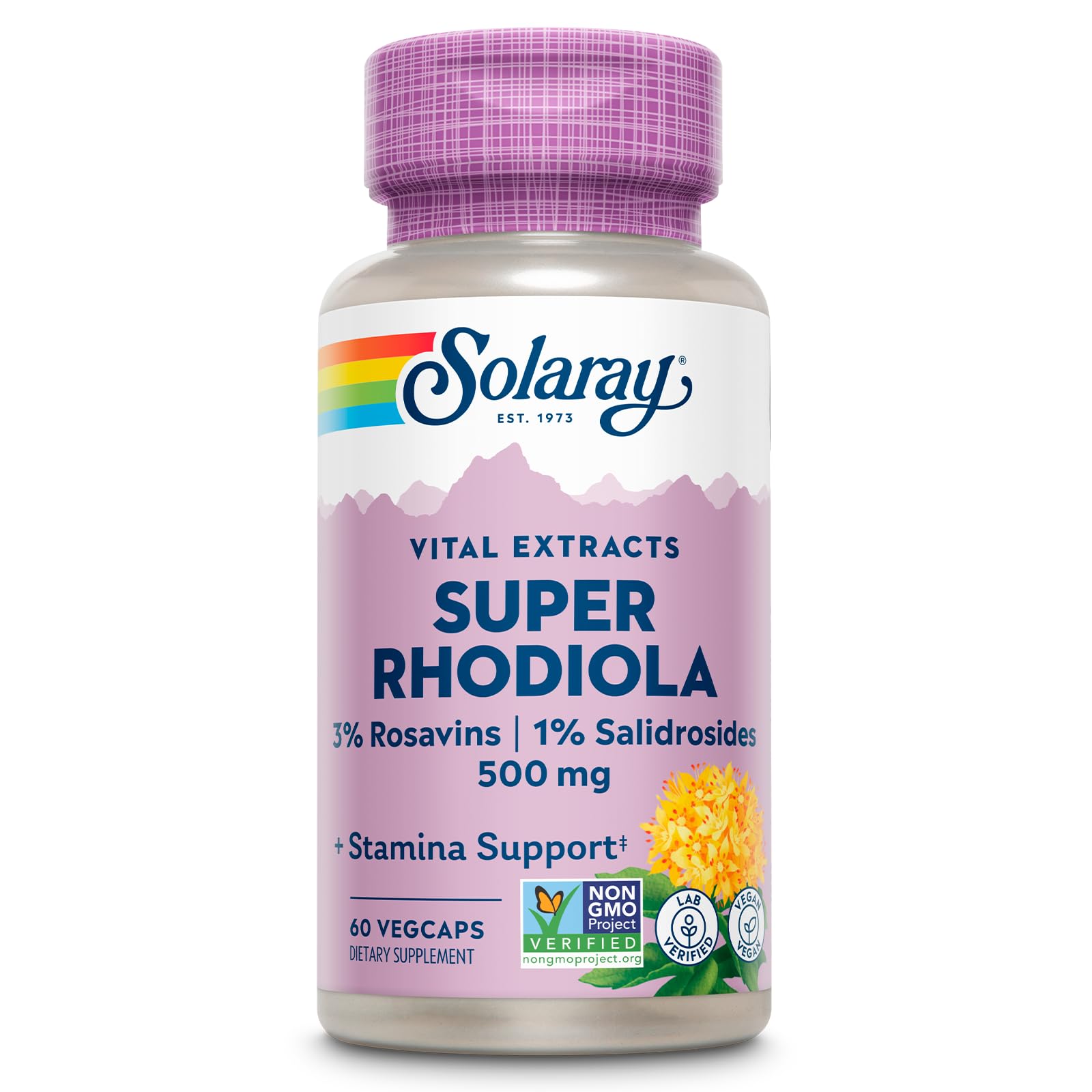 Solaray Rhodiola 500 mg cápsulas veganas para energía sostenida durante el día