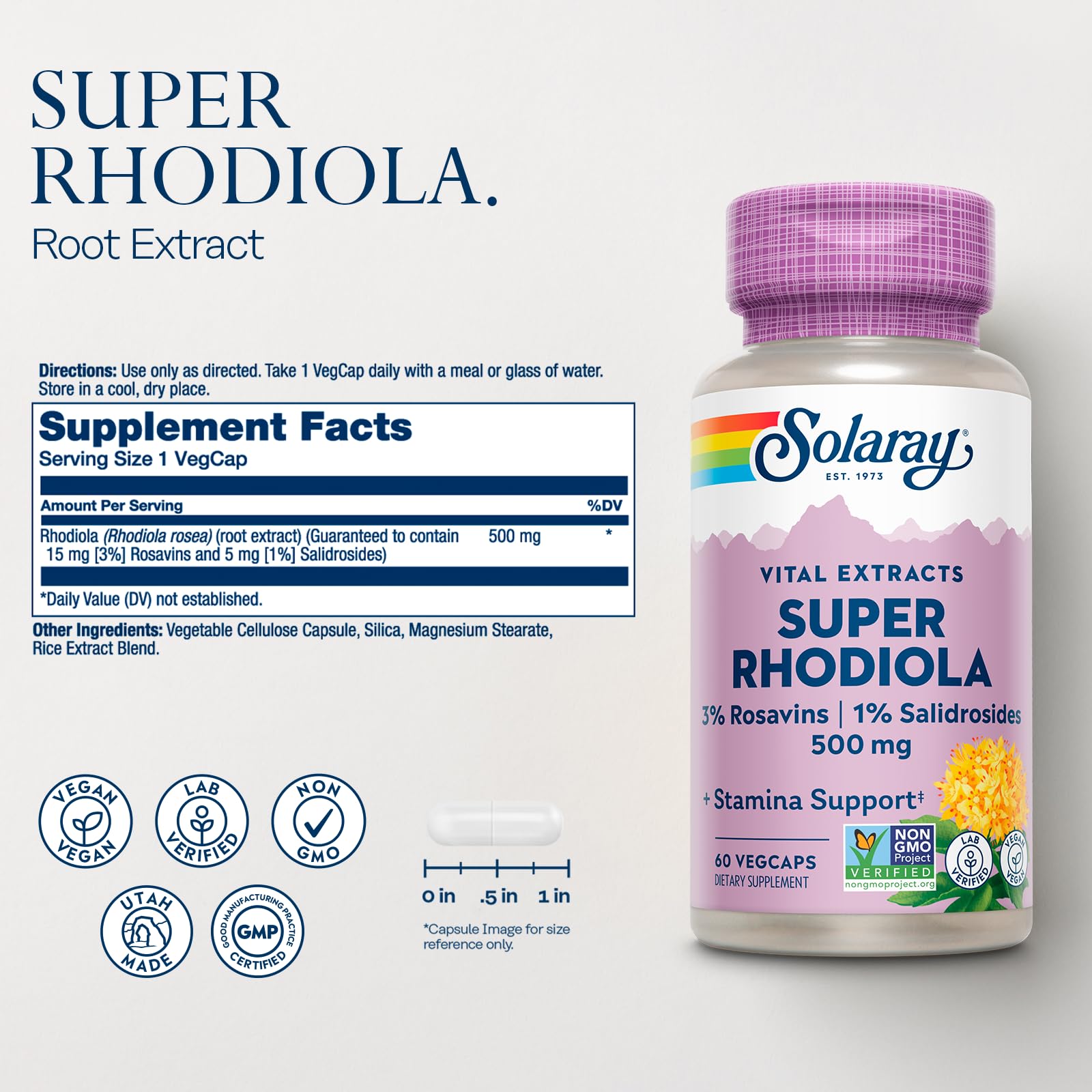 Botella de Solaray Rhodiola 500 mg en vidrio